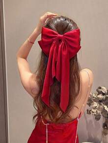 1pc Women's Satin Bow Hair Clip, Solid Color Large Bow Long Ribbon Spring Clip, Hair Accessory - Multicolor - View 5