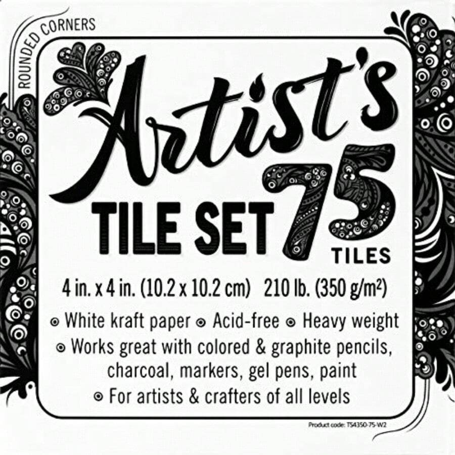Artist's tile set: White thick 210 lb paper 17pt 4x4 inches. Pack of 75 square sheets. Heavyweight paper for tangles patterns mandalas and miniature drawings. Blank index flash note cards - Blanco - Ver 1