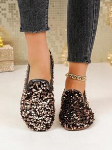 Giày bệt đính sequin cho nữ, mũi tròn, kiểu dáng slip-on, thoải mái khi mang hàng ngày, giày lười đính sequin tiện dụng. - Hoa hồng vàng - Xem 4