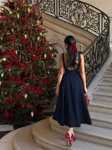 Elegant French Romantic Backless Hollow-Out Cinched Waist Sexy Charming Maxi Dress, Suitable For Christmas, Holiday Party, Date Black Summer - Màu xanh hải quân - Xem 7