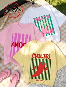 Bộ 3 áo thun nữ mùa hè cổ tròn tay ngắn, họa tiết sọc dọc và chữ in. - Hồng - Xem 1