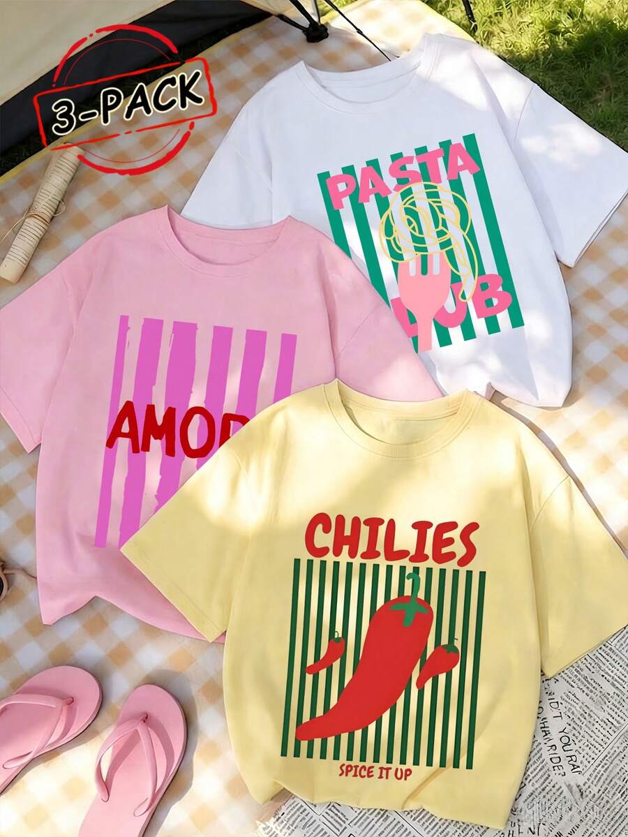 Bộ 3 áo thun nữ mùa hè cổ tròn tay ngắn, họa tiết sọc dọc và chữ in. - Hồng - Xem 1