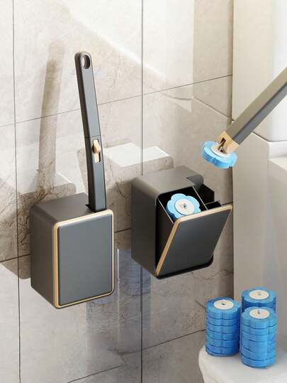 Bộ dụng cụ vệ sinh nhà tắm cao cấp, 1 bộ, viền mạ vàng, đầu bàn chải thay thế dùng một lần, hệ thống vệ sinh bồn cầu màu xám kim loại trang nhã, bộ vệ sinh bồn cầu không chạm, phụ kiện trang trí phòng tắm, lý tưởng để làm sạch bồn cầu, bồn rửa, bồn tắm, món quà tân gia hoặc quà tặng ngày lễ tuyệt vời cho gia đình và bạn bè.