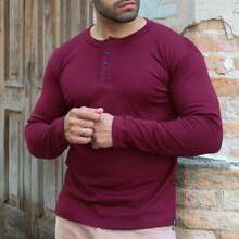 KIT 2 Men's Slim Fit Henley T-Shirt Long Sleeve 4 Buttons J SILVER - Portuguese Collar - Various Colors - 黑色,酒紅色 - 查看 5