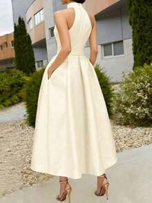 Women's Elegant Tie-Waist A-Line Dress, New Spring/Summer & Summer/Autumn Styles, Sleeveless V-Neck, Office/Commute Dress Black - 杏色 - 查看 4