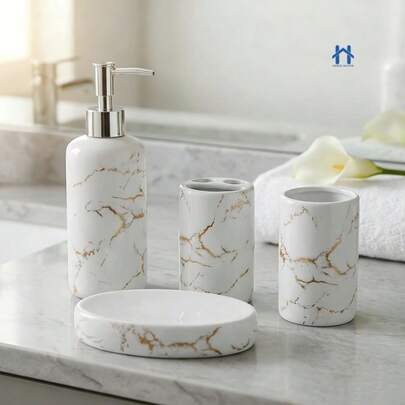 Kit de Banheiro Cerâmica Marmorizado 4 Peças Sabonete Líquido/Saboneteira/Porta Escova/Porta algodão