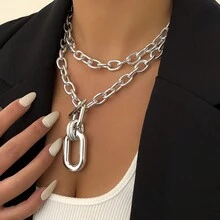 1 chiếc dây chuyền bạc kim loại tối giản, thời trang, dây xích dày nhiều lớp sáng tạo, phù hợp cho tiệc tùng và đeo hàng ngày. - Bạc - Xem 1