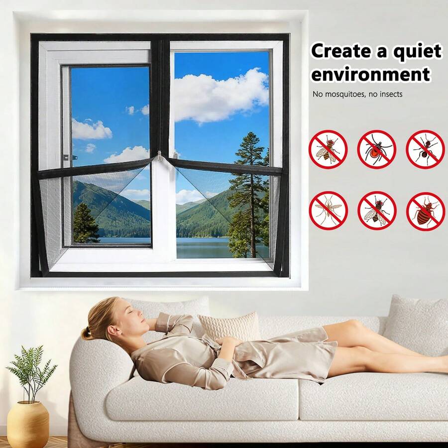 1 tấm lưới chống muỗi màu đen có khóa dán, lưới cửa sổ tự dính có khóa kéo, thiết bị chống muỗi gia dụng mới năm 2026, lắp đặt không cần khoan. - màu đen - Xem 1