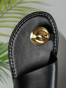 Breezelady Women's Orange Flat SandalsShell Metal Toe Ring Design, SolidColor, Non-Slip PU Leather, Arch-Shaped Casual Beach Vacation Party Sandals - 黑色 - 查看 8