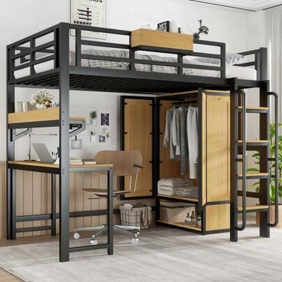 Eisenbett, Hochbett, Mit Doppeltür-Kleiderschrank, Treppe Mit Handläufen, Mit Schreibtisch Und Aufbewahrungsregal, Oberes Bett Mit Ablagefächern, Eisen + MDF, Schwarz+Natur, 90x200cm
