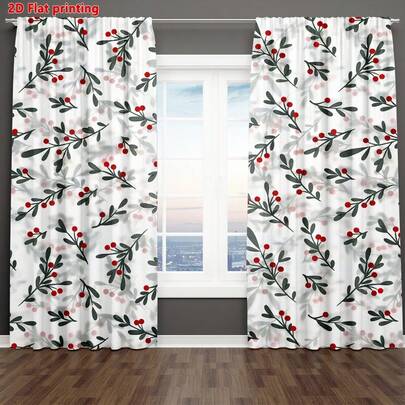 2pcs Winter Berries & Leaves Landscape Curtains, Privacy Protection, Digital Printing, Suitable For Living Room, Bedroom, Study, Home Decor