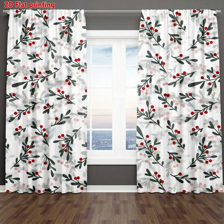 2pcs Winter Berries & Leaves Landscape Curtains, Privacy Protection, Digital Printing, Suitable For Living Room, Bedroom, Study, Home Decor - Multicolor - View 1