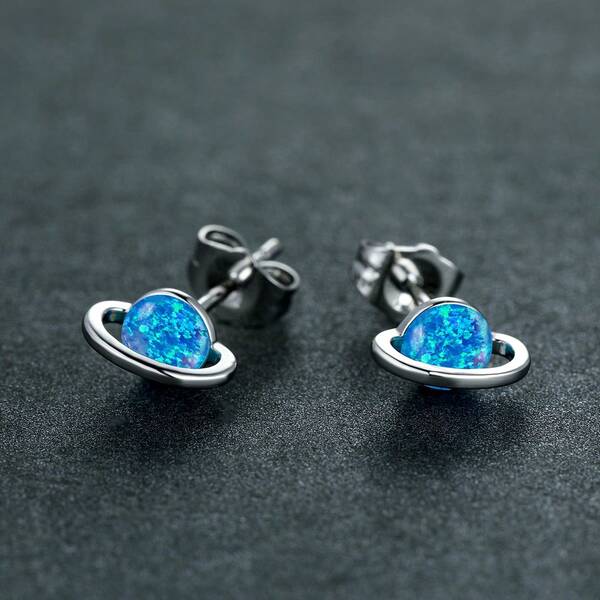 Vanel 一对现代合成蛋白石耳钉，戒指点缀行星设计，时尚女式首饰，适合日常佩戴和派对场合