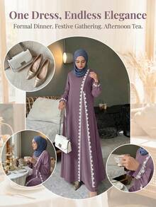 时尚女士圆领优雅蕾丝边长袖阿拉伯长袍连衣裙，端庄春季款 - 淺灰紫 - 查看 4