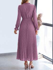 Women's Spring Fall Midi Dress Casual Long Sleeve V Neck Swiss Dot Pleated A Line Flowy Dresses New Years Party Valentine Vacation Dresses For Women - Màu tím - Xem 2