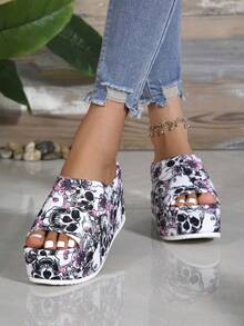 2025 Latest Halloween Colorful Skeleton Atmosphere Sandals, Popular Platform Women's Slides, College Style Ladies Thick Bottom Open Toe Sandals With Comfortable Increased Height Wedge Heel And Skeleton Pattern - White - View 3