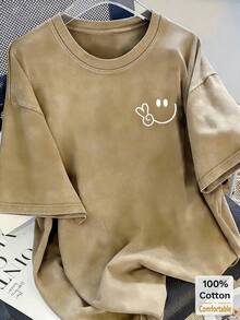 2026 Oversized Vintage Black Cotton Shirt With Face Print, Loose Fit,Vintage Washed Cotton Loose-Fit T-Shirt, Cute  Face And Heart Print - 摩卡棕 - 查看 9
