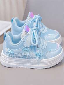 1 Pair Girls' Spring/Autumn New Flat Shoes With Bow Decor, Cute PU Hook And Loop Design, Girls' Outdoor Non-Slip Durable Flat Sports Shoes, Suitable For All Seasons, School Style - Blue - View 7
