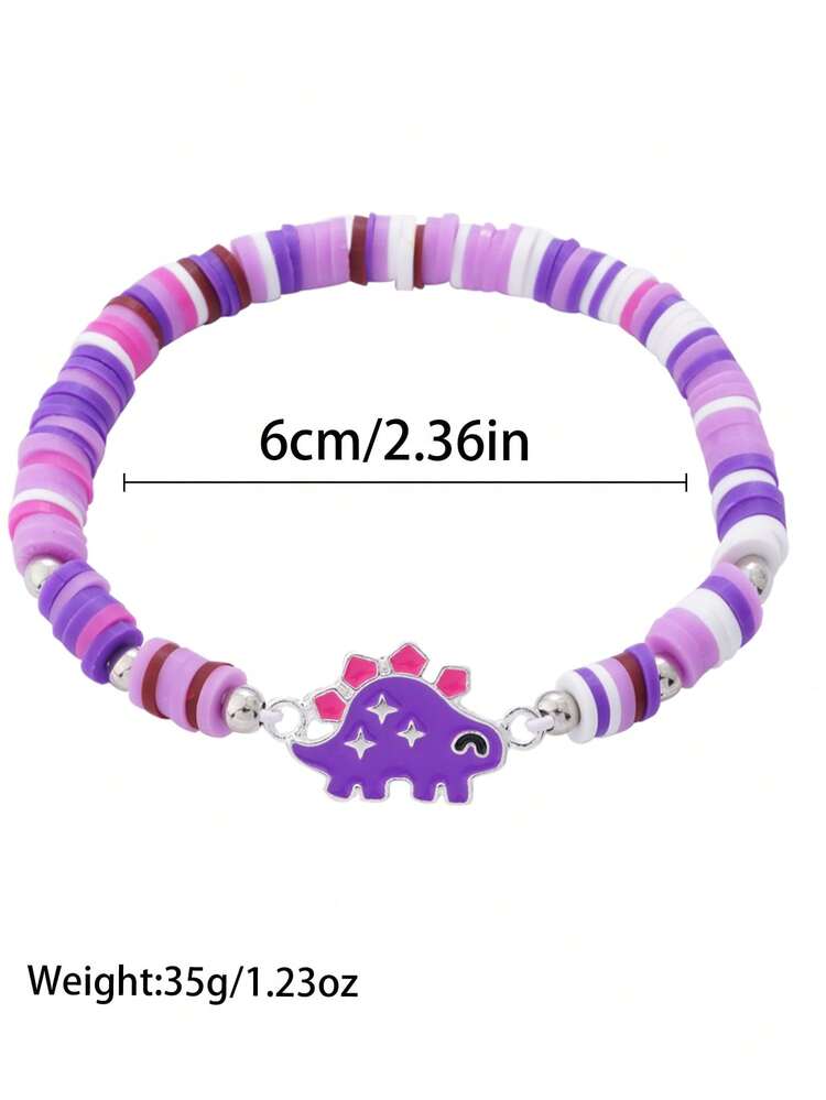 6件套卡通恐龙镀银锌合金吊坠，软陶珠弹力手链，日常佩戴饰品，女孩礼物 - 彩色 - 查看 5