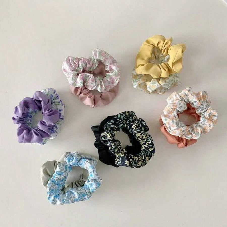 Bộ 12 dây buộc tóc họa tiết hoa nhí, thiết kế tối giản. - Nhiều màu - Xem 1