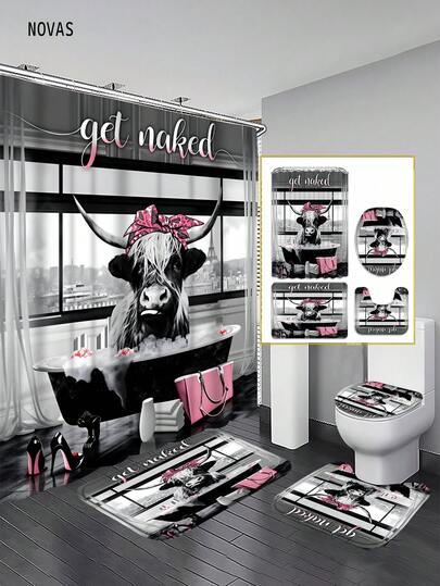 1/3/4件套高地牛图案浴帘套装，趣味农舍浴室装饰，配粉色头巾，防水防滑，完美适用于家居/卧室/客厅/家用物品/夏季