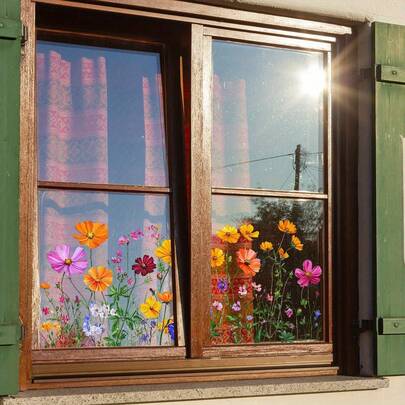 1 pieza Pegatina de ventana con flores vibrantes - Pegatina floral colorida para decoración de cocina, sala de estar y dormitorio, fácil de aplicar con estática, material de plástico, decoración del hogar de estilo clásico, decoración de cocina