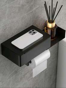 1pc Multi-Functional Waterproof Tissue Box, No Drilling Required Storage Rack, Dust-Proof And Moisture-Proof, Convenient Tissue Extraction, Stable Installation, Space-Saving, Luxury Style, Wall-Mounted, With Storage Platform, Suitable For Bathroom, Hotel, Rental, Apartment, Home And Commercial Use, Random Style - Black - View 2