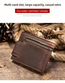 Popular Crazy Horse Leather Short Wallet Genuine Leather Men's Buckle Wallet Multi-Card Slot Card Holder Coin Purse - cà phê - Xem 3