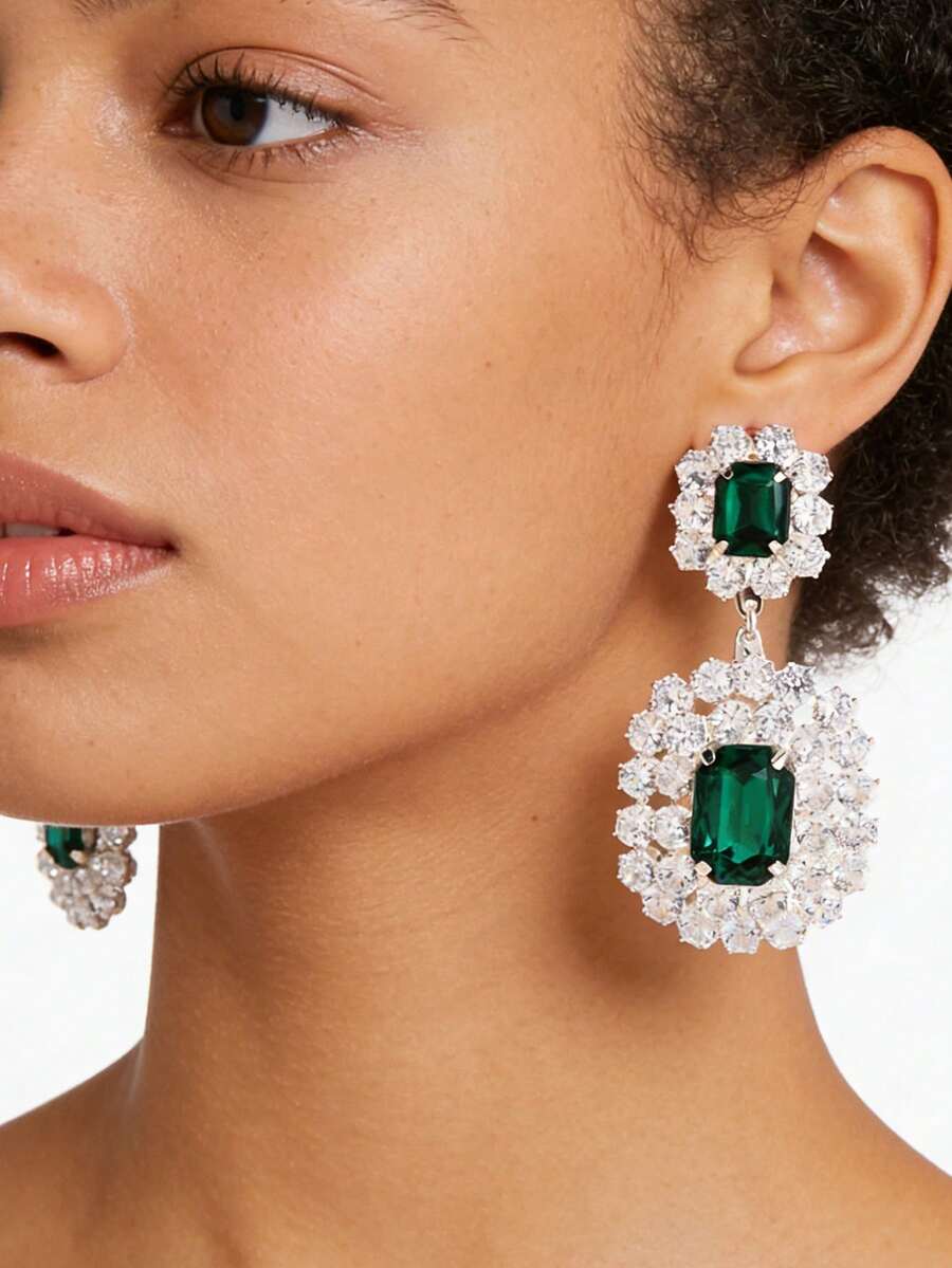 2pcs Minimalist Square Geometric Crystal Earrings, Full Diamond Earrings For Women Wedding Party - Silver Green - View 1