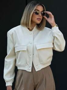 Chaqueta larga de manga larga con bolsillos y botones de unicolor retro para mujer, chaqueta bomber casual de otoño y primavera - Beis - Ver 6