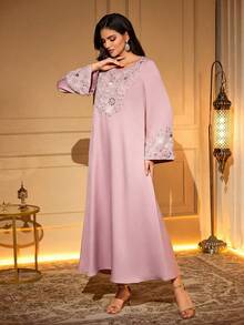 Elegant Pink Arabic Robe, Beaded Embellished, Long Sleeve Round Neck, Woven Fabric, Maxi Length Spring - Watermelon Pink - View 4