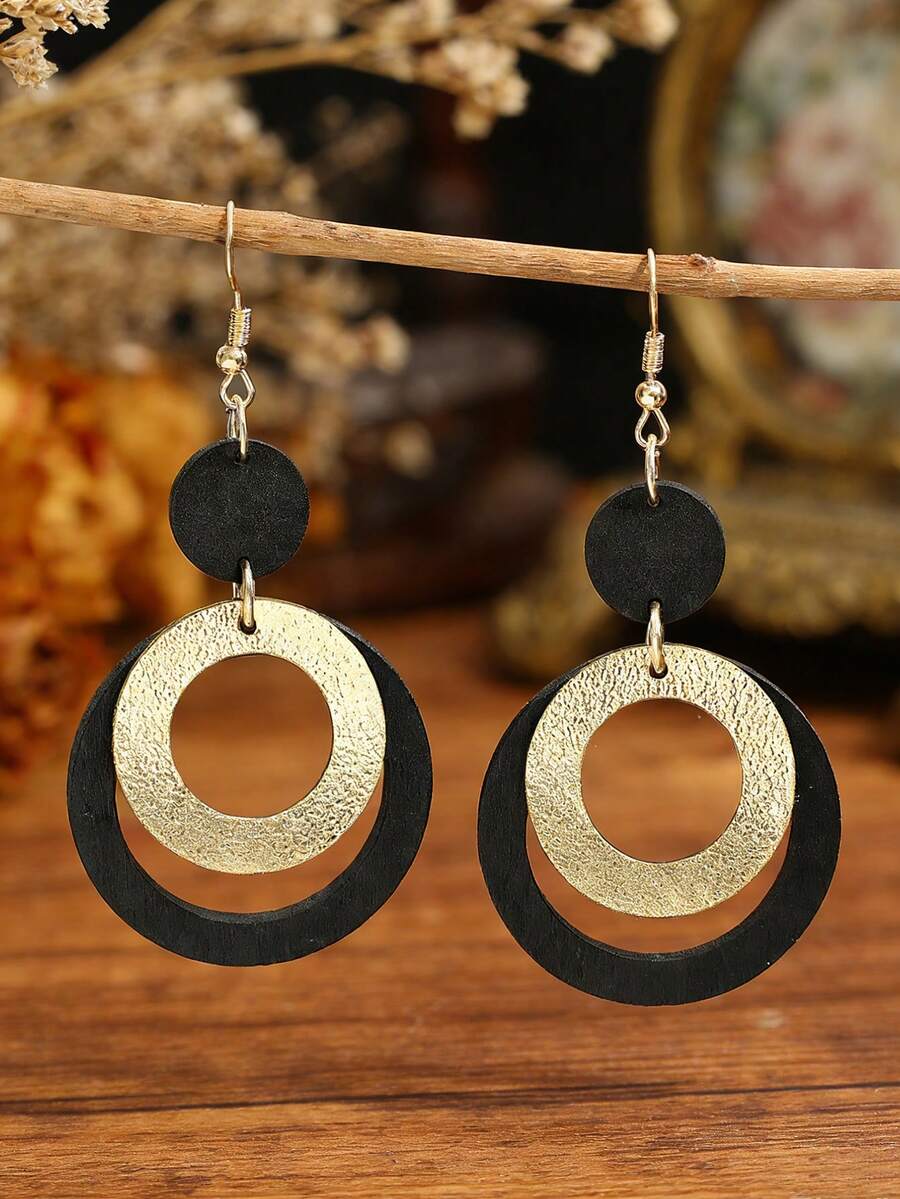 1 Đôi bông tai vòng đôi màu đen vàng kiểu cổ điển, thiết kế tối giản thời trang kiểu Âu và Mỹ. - vàng đen - Xem 1