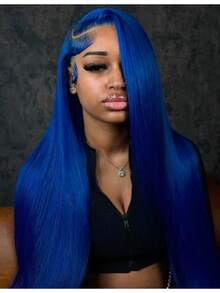 Blue Straight Lace Front Wigs Human Hair 13x4 Hd Transparent Lace Frontal Wigs Glueless Dark Blue Wigs With Baby Hair Colorful Dark Blue Lace Front Wig For Women - Dark blue - 查看 8