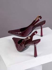 Women's Pointed Toe High Heel Shoes With Metal Buckle Strap And Open Heel Design - Burgundy - View 2