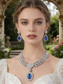 Bộ trang sức 2 món đính đá thạch anh tím mộng mơ, thiết kế đính đá màu bạc thanh lịch, phù hợp cho đám cưới/tiệc tùng. Bộ dây chuyền và bông tai đa năng. - Nhiều màu - Xem 8