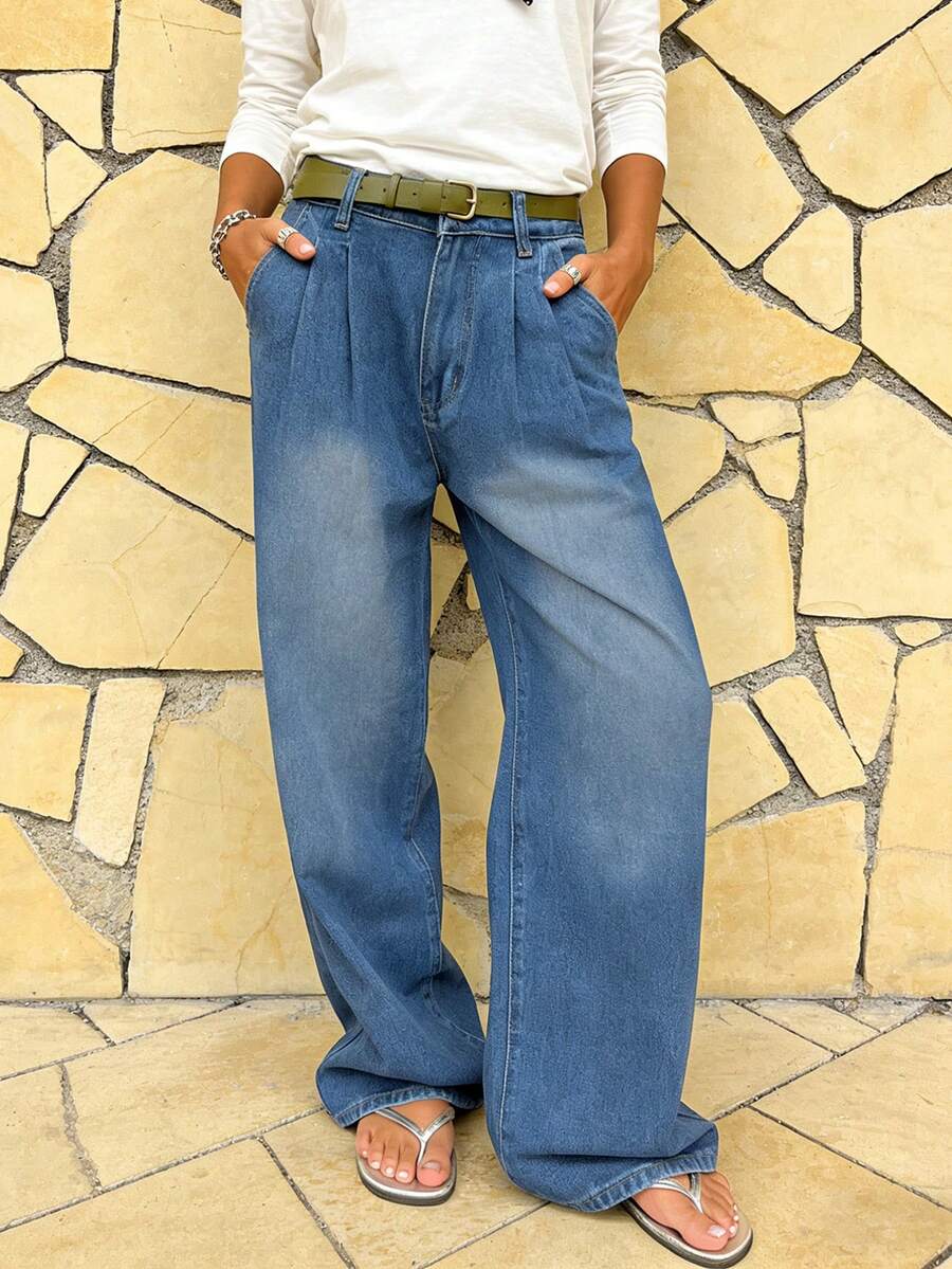 Quần jeans nữ thời trang đa năng, kiểu dáng bất đối xứng, có túi, màu xanh nhạt, kiểu dáng Y2K mới, quần ống rộng, phong cách đường phố, rộng rãi, thoải mái, sành điệu, xếp ly, quần dài mùa xuân - Màu xanh lam - Xem 1
