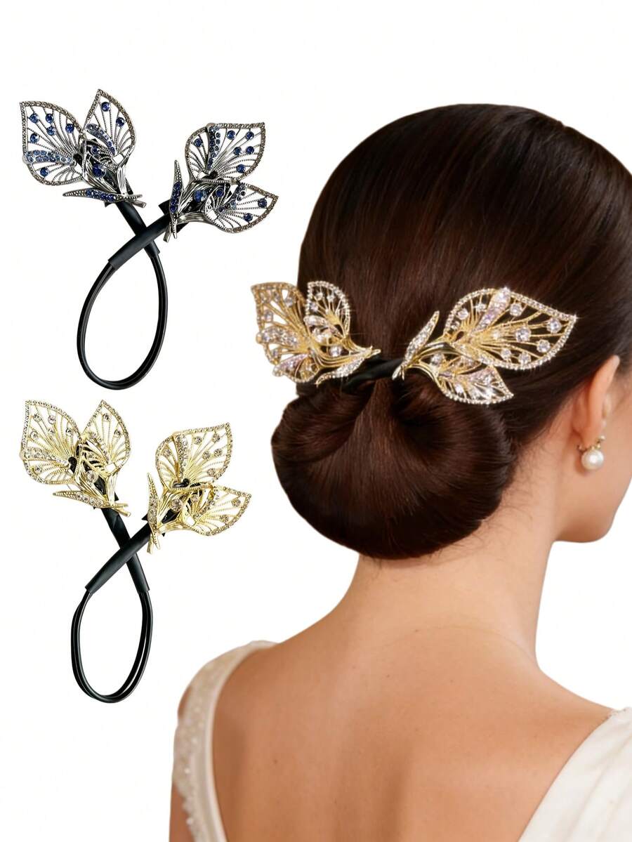 1个高品质闪亮水晶叶子发夹，适用于丸子头、半丸子头等发型，适合晚宴、婚礼、舞会、母亲节等场合，可作为送给妈妈或伴娘的礼物（金色、蓝色、黑色），可轻松打造丸子头，法式优雅丸子头造型夹，防滑发饰，春夏丸子头装饰，水钻花朵发夹，适合节日和旅行。