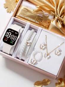 6件套女孩时尚优雅LED数字显示手表套装，包含蝴蝶手链、项链吊坠、戒指和耳环，适合返校、聚会、旅行和日常生活佩戴。是生日、毕业、情人节、母亲节的完美礼物。 - 彩色 - 查看 3