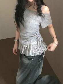 Conjunto de 2 piezas de top de manga corta con lazo y camiseta interior fruncida de encaje, estilo sexy y casual para el verano - Gris - Ver 5