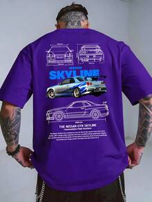 Men's T-Shirt, GTR Racing Car, Graphic Tee,Skyline Car Blueprint, 100 Percent Cotton, Soft And Comfortable, Autumn Top, Basic Style Unisex, Holiday Gift, Men's T-Shirt, Locally Produced And Shipped - Màu tím - Xem 3