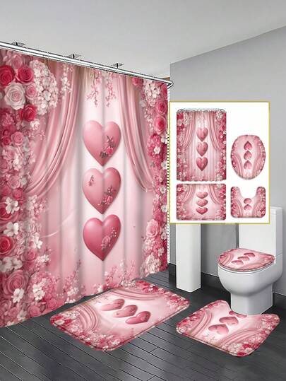 这款四分之一件套粉色爱心玫瑰花卉印花浴室浴帘套装，设计甜美浪漫，充满梦幻气息，防水耐用。套装包含12个挂钩，以及配套的马桶盖套、浴室地垫和地毯。采用优质塑料面料制成，可水洗且防霉，是节日庆典、家居装饰、卧室、浪漫风格客厅和夏季装饰的理想之选。