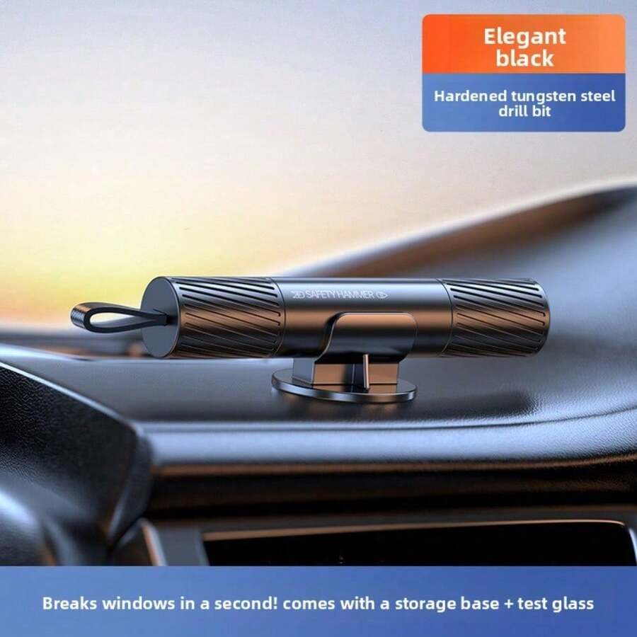 二合一汽车安全锤 | 钨钢车窗破窗器和安全带切割器 | 便携式汽车紧急逃生工具 - 黑色 + 支架 + 測試玻璃 - 查看 1