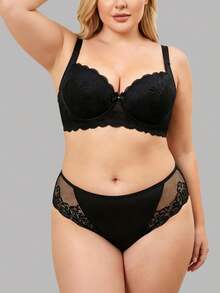 yalisi 2pcs/Set Plus Size Women Lace Padded Bra And Panty Set, Slimming, Comfortable, Suitable For Daily, Home, Leisure And Outdoor Sports - Black - View 6