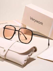 Verywork 1pc Women Advanced Sense Unique Double Beam Design Pilot Frame Superior Quality Elegant Luxury Brand Designer Fashion Eyeglasses Comes With Storage And Wiping Cloth For Ideal Choice For Gift Business Casual Woman Going Out Outfit - 彩色 - 查看 9