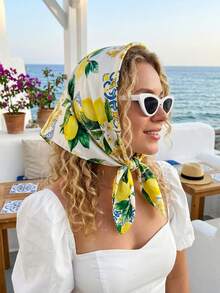 1 Stück Damen Frühlings Seiden Satin Schal, Blau Zitrone Blumen Muster, Tägliches Accessoire Geschenk, Ideal für Valentinstag oder Strandbekleidung - Chain Lemon - Übersicht 3