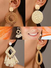 4对藤编耳环，流苏吊坠，波西米亚风草编耳环，海滩必备 - 米色 - 查看 3