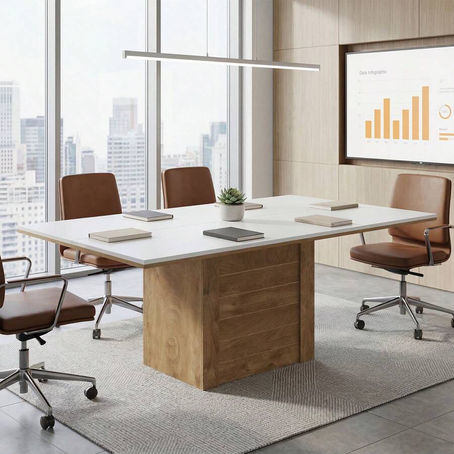 Tribesigns 4.59 Ft Rectangular Conference Table For 6-8 People, Rectangular Meeting Table With Wooden Pedestal Base, Modern Seminar Table For Office Conference Room, Training, Seminar (White + Natural) - A - View 1