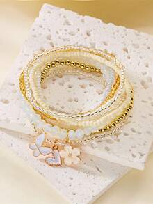 Bohemian Fashion Flower Heart Butterfly Pendant Elastic String Faux Pearl Layered-Damascus Bracelet For Ladies Set - Bracelet Set - View 5