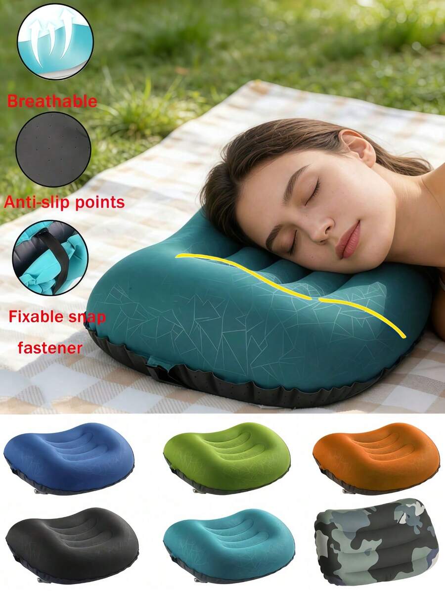 Portable Inflatable Pillow Outdoor Nap Pillow Multi-Color Jacquard TPU Inflatable Pillow For Traveling Camping Napping Desk Rest For Men Women Gift For Vacation And Outdoor Use Camping Essentials Accessories Holiday Essentials