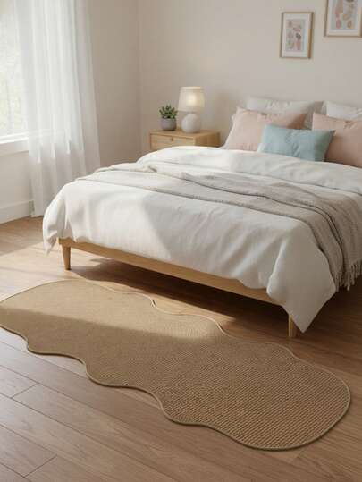 1pc Spring/Summer New Arrival, Soft & Skin-Friendly, Half Fish Shaped/Wavy Edge Long Rug - Minimalist Natural Style Decor Mat, Hot Selling In Spring/Summer, Brown Linen-Look Floor Mat, Pet Friendly, Easy To Clean For Bedroom, Kitchen, Bathroom, Entryway, Hallway, Soft Massage Feel, Bedroom Decor, Room Decor, Small Rug, Blanket, Outdoor Mat, Garden Mat, Living Room Carpet